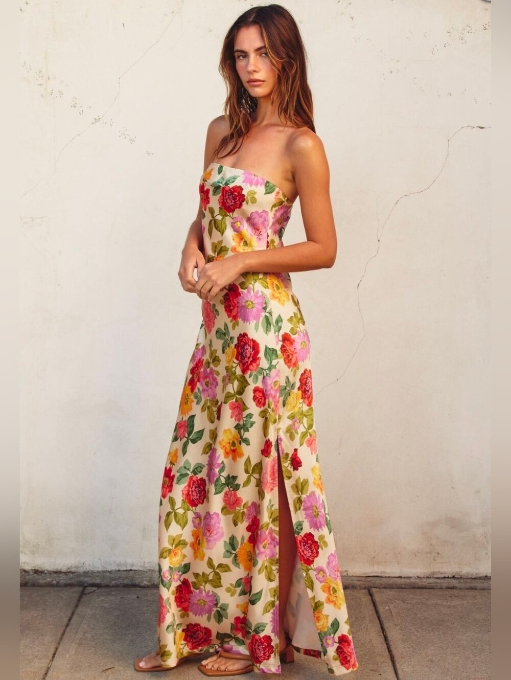 Dress Forum Pastel Floral Strapless Maxi Dress in Cream with Pink & Red Blooms